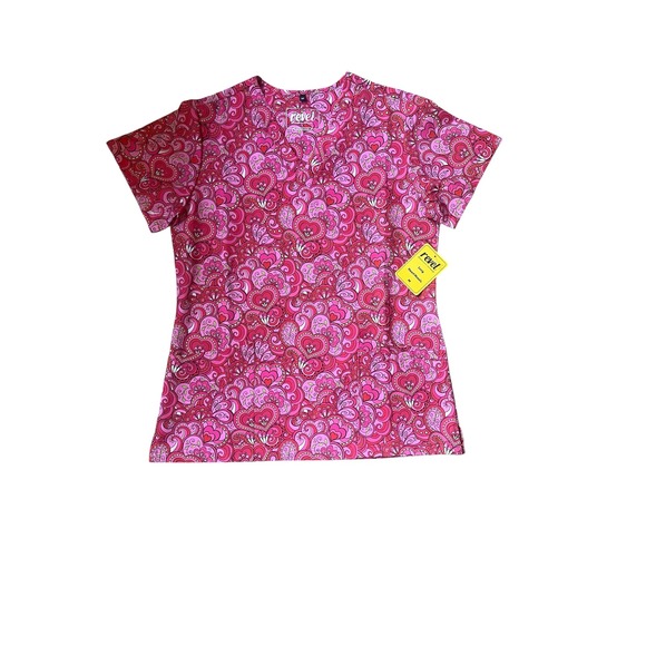 Revel Premium Stretch Scrub Top Pink Heart Print Medical Nurse Uniform Size M - Picture 1 of 5